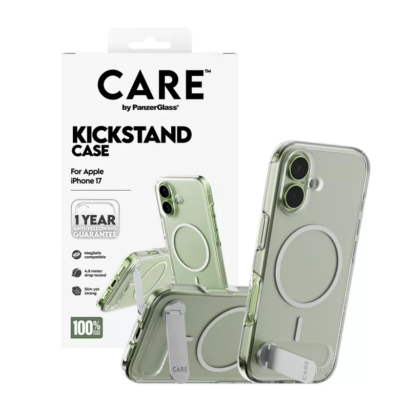 PanzerGlass CARE by Feature vāciņš, caurspīdīgs, ar statīvu un MagSafe, iPhone 17