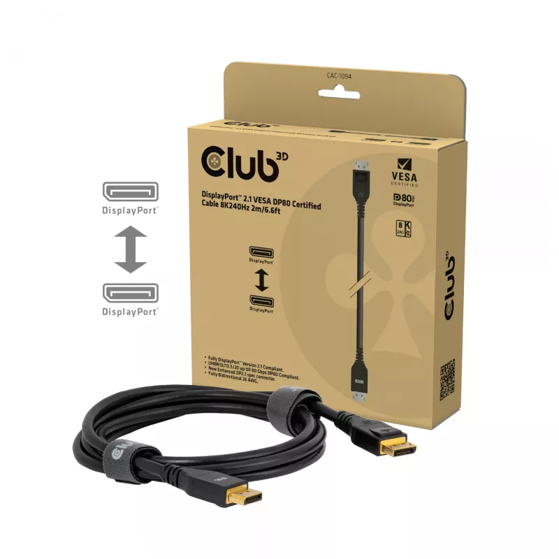 CLUB3D DisplayPort™ 2.1 VESA DP80 sertificēts kabelis 8K240Hz 2m/6.56ft