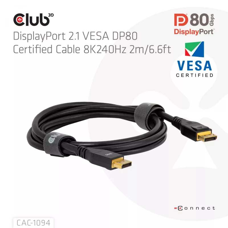 CLUB3D DisplayPort™ 2.1 VESA DP80 sertificēts kabelis 8K240Hz 2m/6.56ft