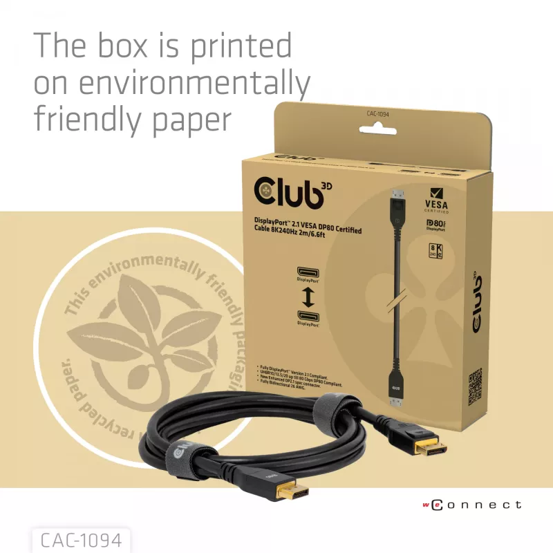 CLUB3D DisplayPort™ 2.1 VESA DP80 sertificēts kabelis 8K240Hz 2m/6.56ft