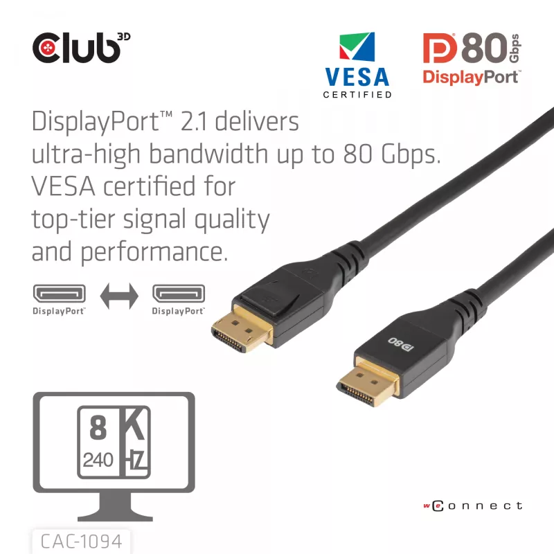 CLUB3D DisplayPort™ 2.1 VESA DP80 sertificēts kabelis 8K240Hz 2m/6.56ft