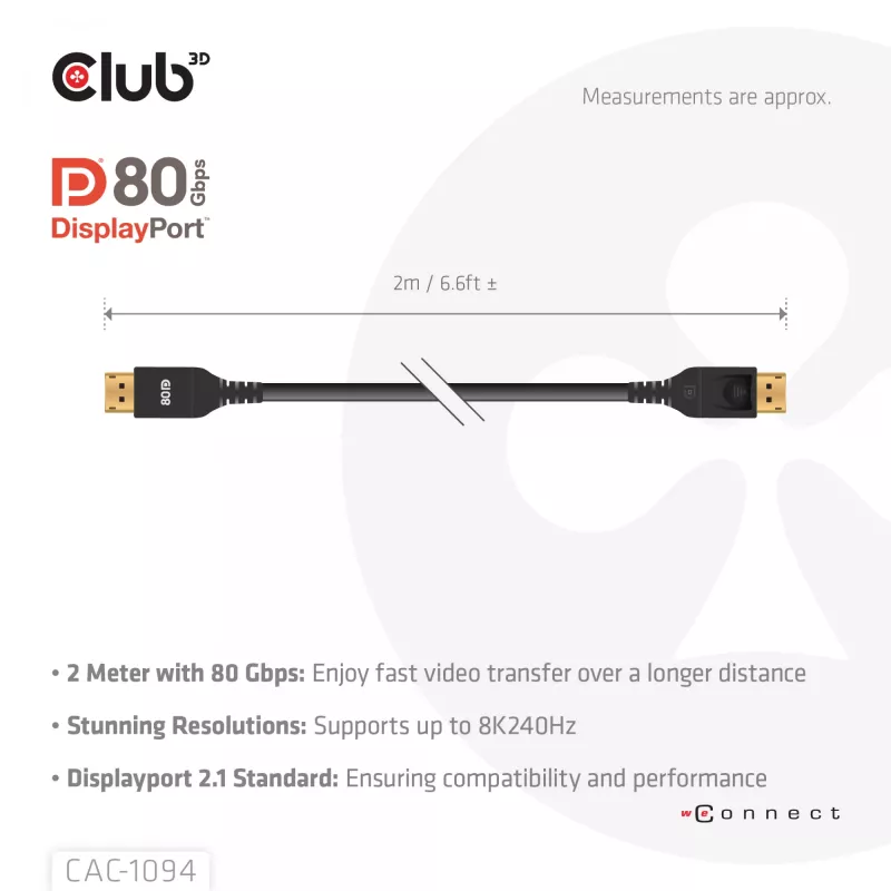 CLUB3D DisplayPort™ 2.1 VESA DP80 sertificēts kabelis 8K240Hz 2m/6.56ft