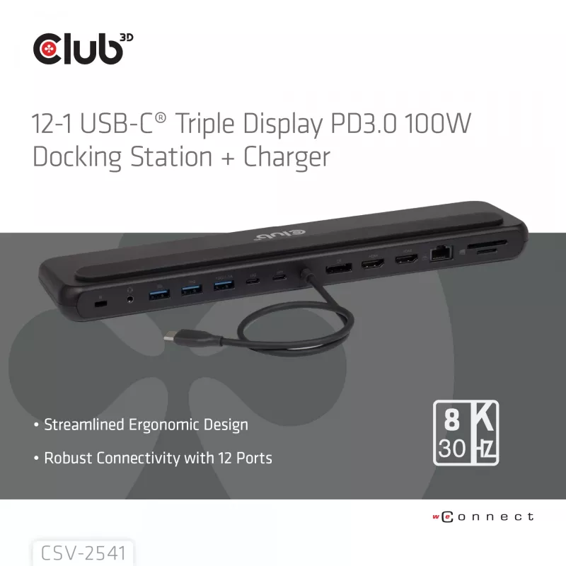 Dokstacija club 3d CSV-2541 USB-C ar HDMI un DisplayPort izejām