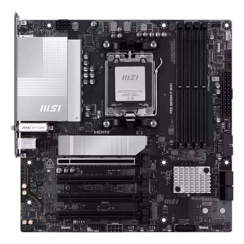 Mātesplate MSI PRO B850M-P WIFI micro ATX, AMD B850, Socket AM5, 4×DDR5 DIMM, 3×M.2, Wi‑Fi 7, 5Gb LAN