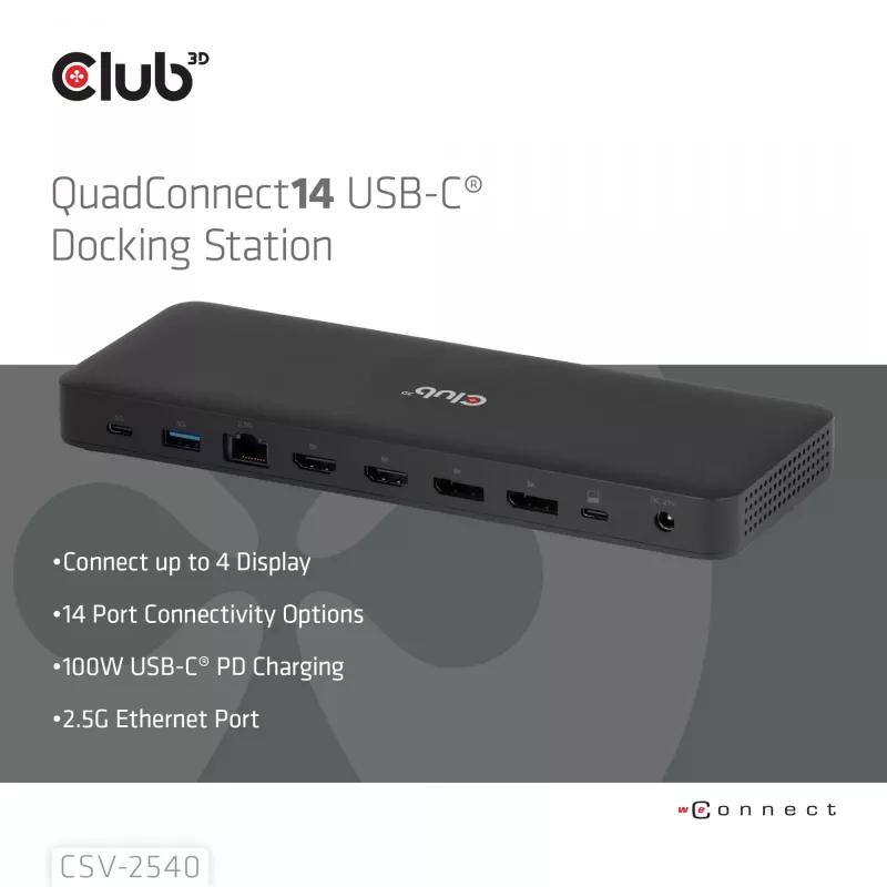 Doko stacija CLUB 3D 14-1 USB-C Quad Display USB4 ar 2× USB 2.0 portiem