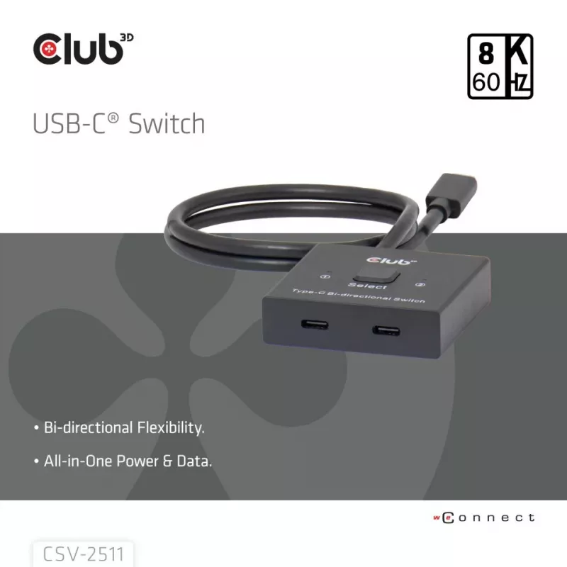 CLUB3D USB-C® divvirzienu video + datu + PD slēdzis, USB Type-C, 2x DisplayPort, 7680 x 4320 pikseļi, melns, 8K Ultra HD, 120 Hz