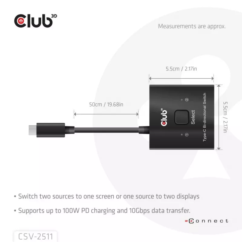 CLUB3D USB-C® divvirzienu video + datu + PD slēdzis, USB Type-C, 2x DisplayPort, 7680 x 4320 pikseļi, melns, 8K Ultra HD, 120 Hz
