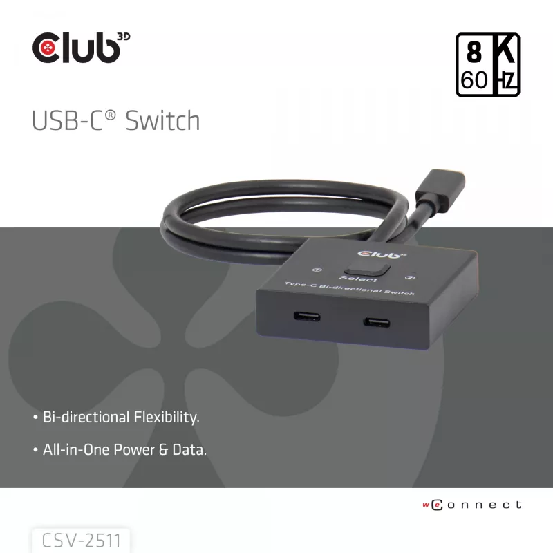 CLUB3D USB-C® divvirzienu video + datu + PD slēdzis, USB Type-C, 2x DisplayPort, 7680 x 4320 pikseļi, melns, 8K Ultra HD, 120 Hz