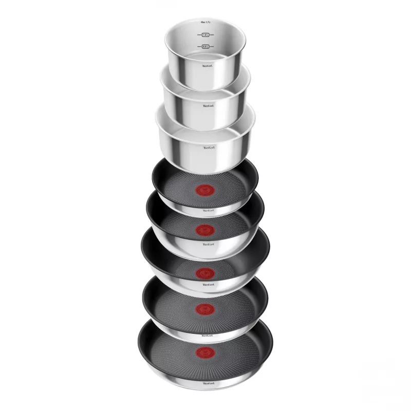 Katlu komplekts Tefal Ingenio L897SJ04 20 gab. — nerūsējošais tērauds, nepiedegošs, ietver 5 cepamās pannas, 3 katlus, voku, 4 vākus