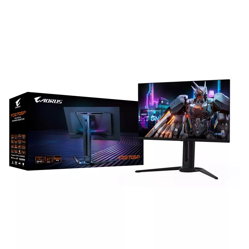GIGABYTE AORUS FO27Q5P OLED QHD Spēļu Monitors - 2560 x 1440, 500Hz, 0,03ms, KVM, 300 cd/m², FreeSync Premium Pro, DisplayHDR True Melns 500, DisplayPort 2.1