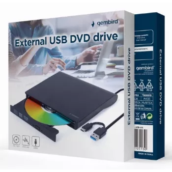 Iekšējais DVD±RW diskdzinis Gembird DVD-USB-031 — USB Type-C, 24x CD / 8x DVD, priekšējā ielāde, melns, 140×18×140 mm