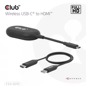 CLUB3D Wireless USB-C® uz HDMI™, 1920 x 1080 pikseļi, AV raidītājs un uztvērējs, vadu un bezvadu, melns, HDCP