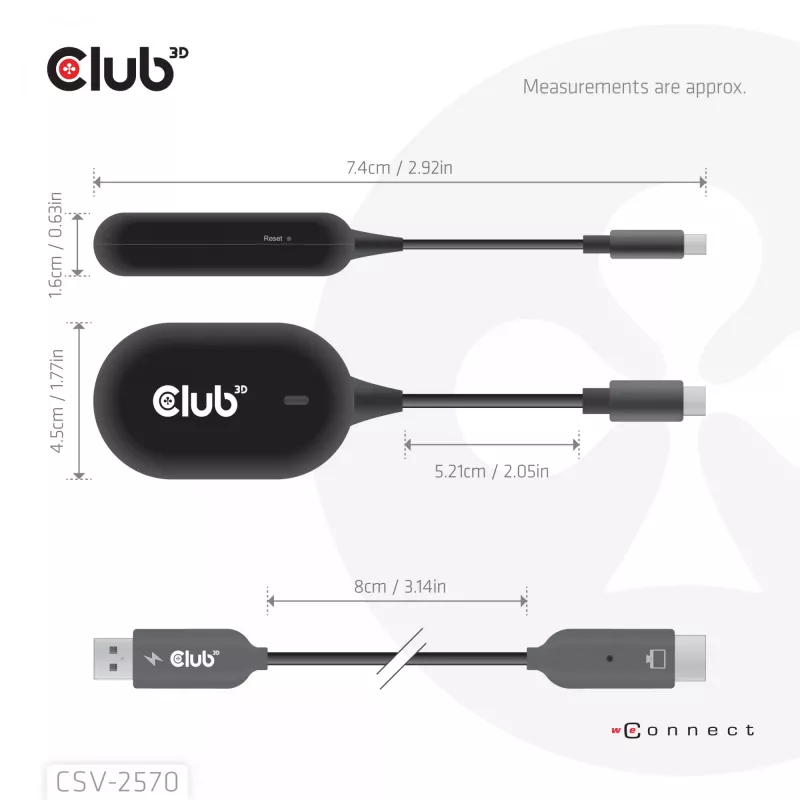 CLUB3D Wireless USB-C® uz HDMI™, 1920 x 1080 pikseļi, AV raidītājs un uztvērējs, vadu un bezvadu, melns, HDCP