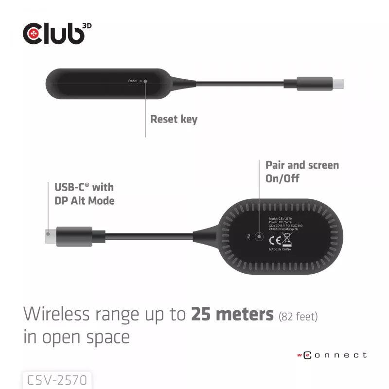 CLUB3D Wireless USB-C® uz HDMI™, 1920 x 1080 pikseļi, AV raidītājs un uztvērējs, vadu un bezvadu, melns, HDCP
