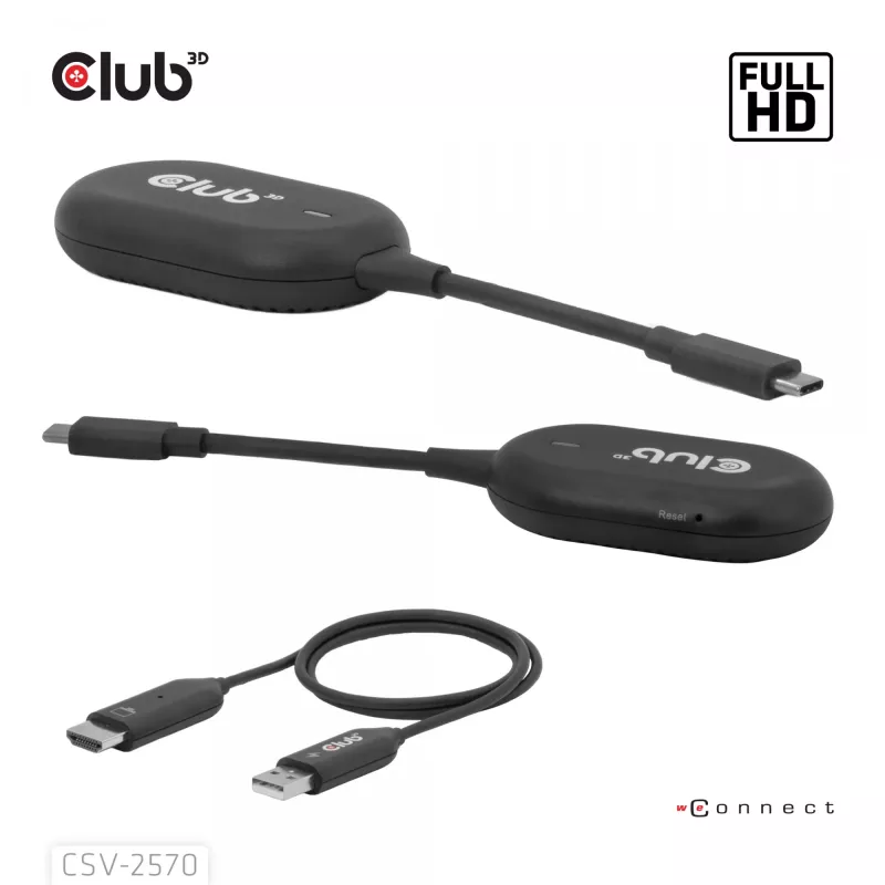 CLUB3D Wireless USB-C® uz HDMI™, 1920 x 1080 pikseļi, AV raidītājs un uztvērējs, vadu un bezvadu, melns, HDCP