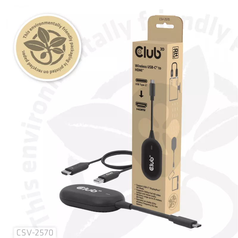 CLUB3D Wireless USB-C® uz HDMI™, 1920 x 1080 pikseļi, AV raidītājs un uztvērējs, vadu un bezvadu, melns, HDCP