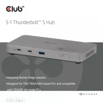 CLUB3D CSV-2563 5-1 Thunderbolt™ 5 Hub Triple video 5K60Hz Thunderbolt™ Share Sertificēts 180 W