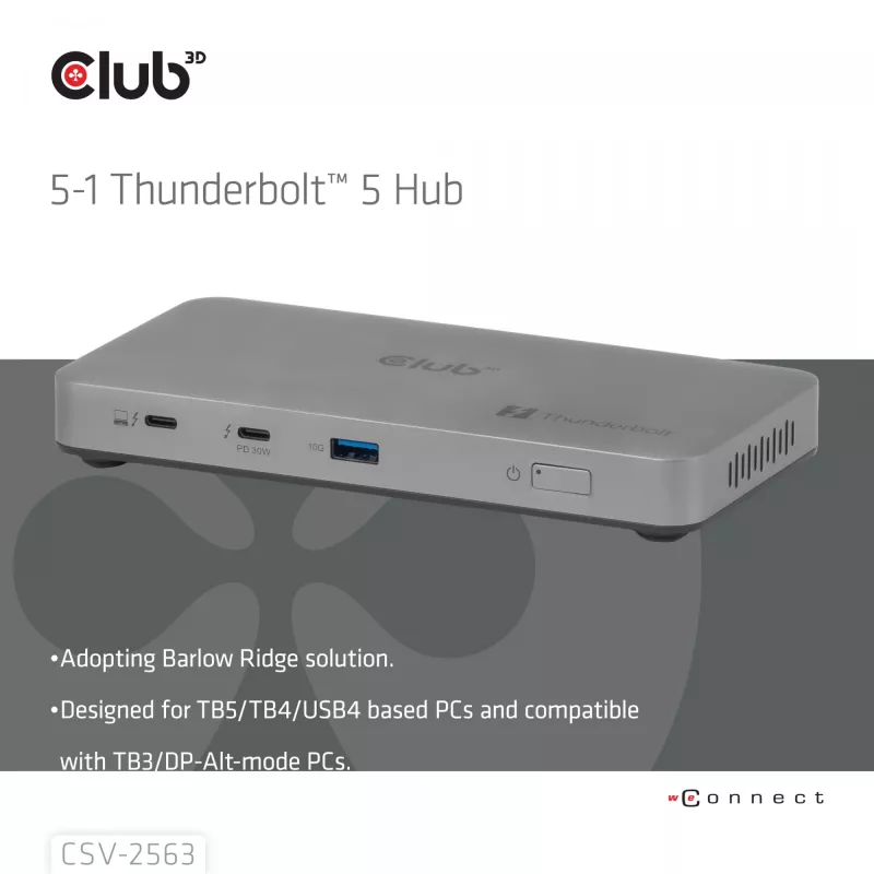 CLUB3D CSV-2563 5-1 Thunderbolt™ 5 Hub Triple video 5K60Hz Thunderbolt™ Share Sertificēts 180 W