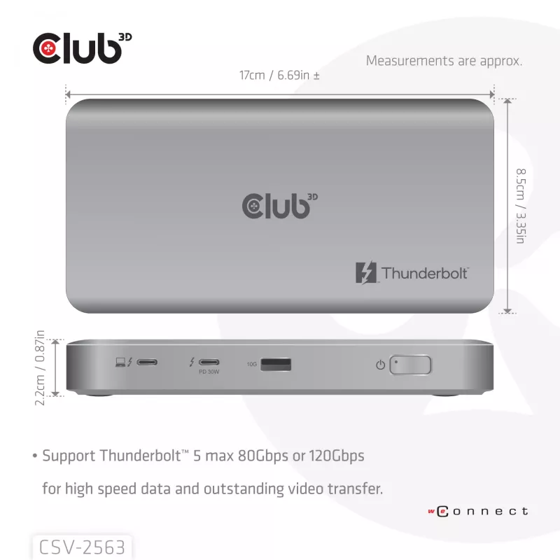CLUB3D CSV-2563 5-1 Thunderbolt™ 5 Hub Triple video 5K60Hz Thunderbolt™ Share Sertificēts 180 W