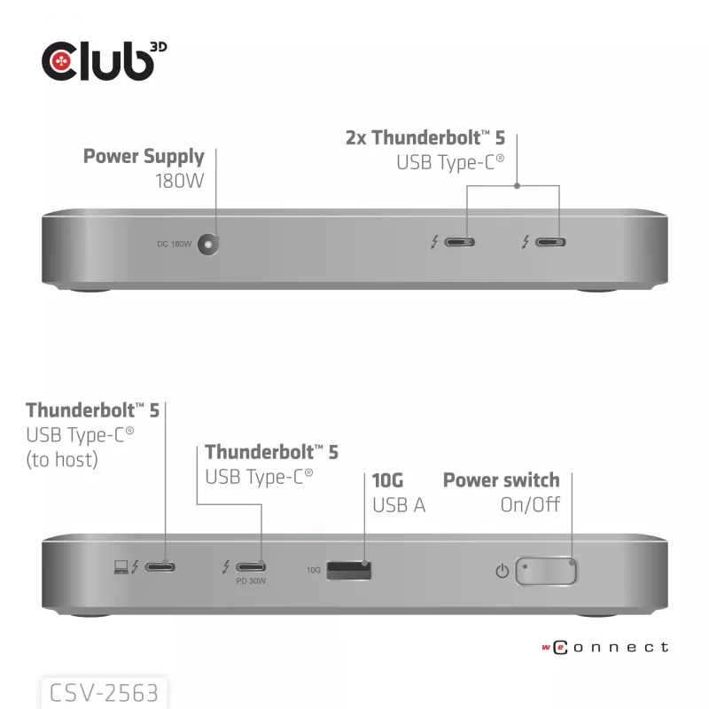 CLUB3D CSV-2563 5-1 Thunderbolt™ 5 Hub Triple video 5K60Hz Thunderbolt™ Share Sertificēts 180 W