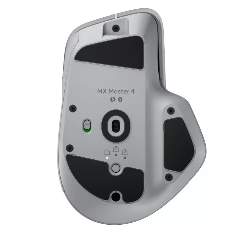Logitech pele MX Master 4 — labā roka, lāzers 8000 DPI, RF bezvadu + Bluetooth, 8 pogas, pelēka