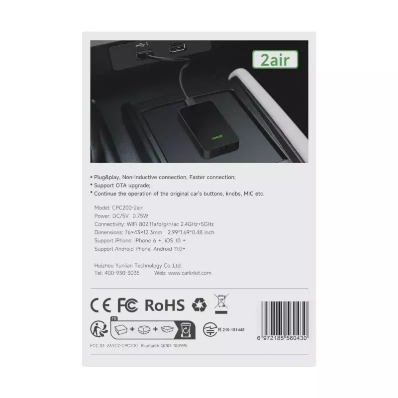 Auto multivides uztvērējs Carlinkit CPC200-2AIR Melns Wi‑Fi 5 GHz / 2.4 GHz, Bluetooth 4.1, USB‑C