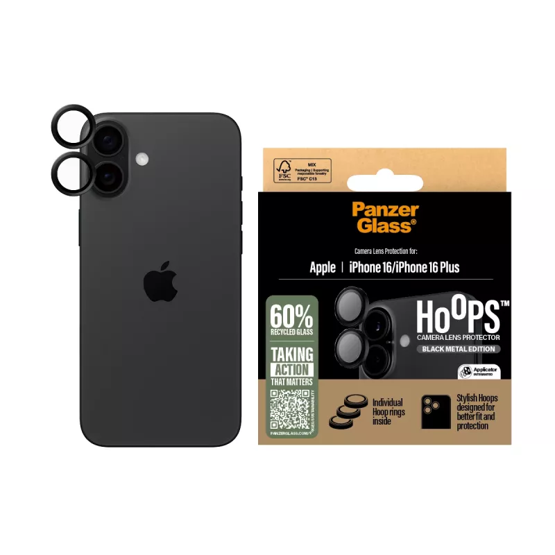 PanzerGlass® Hoops® kameras lēcas aizsargs melns iPhone 16 | 16 Plus