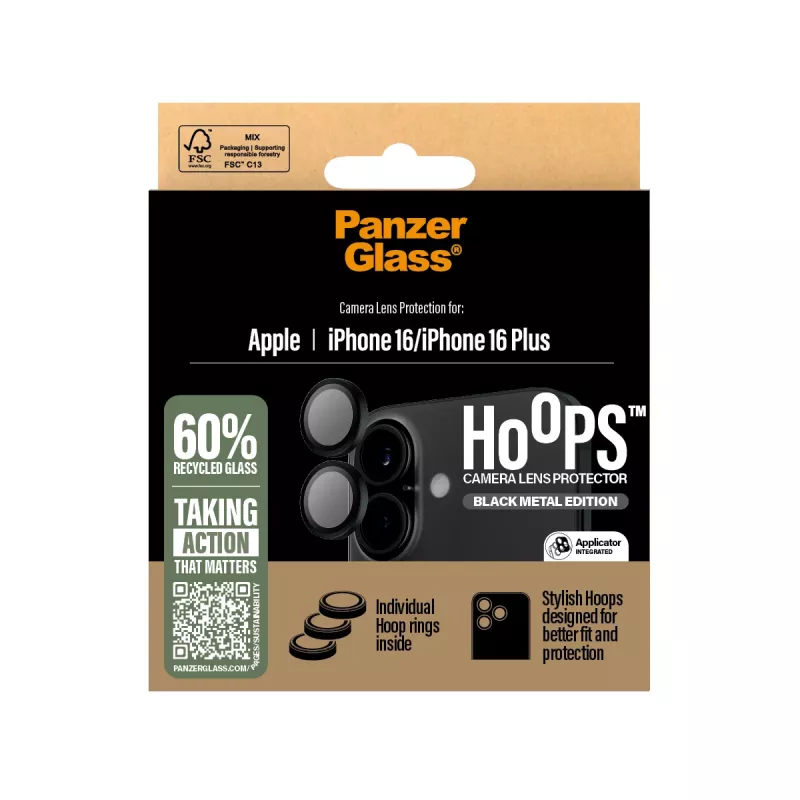 PanzerGlass® Hoops® kameras lēcas aizsargs melns iPhone 16 | 16 Plus
