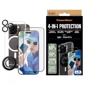 PanzerGlass ® 4-in-1 aizsardzības komplekts iPhone 16 Pro, Apple, Apple - iPhone 16 Pro, Sausā uzklāšana, Izturīgs pret skrāpējumiem, Triecienizturīgs, Caurspīdīgs, 1 gab.