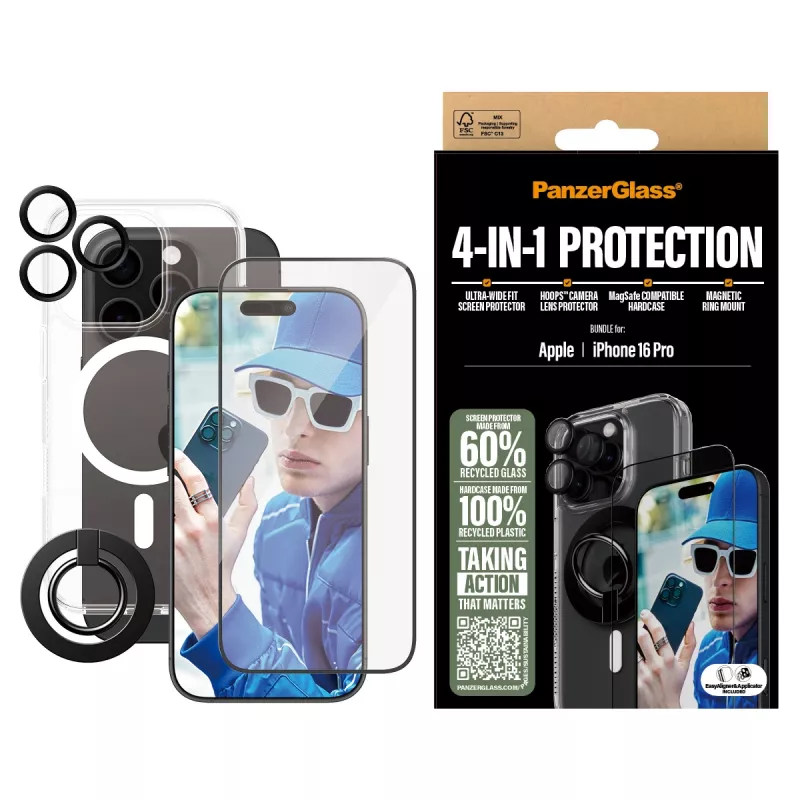 PanzerGlass ® 4-in-1 aizsardzības komplekts iPhone 16 Pro, Apple, Apple - iPhone 16 Pro, Sausā uzklāšana, Izturīgs pret skrāpējumiem, Triecienizturīgs, Caurspīdīgs, 1 gab.