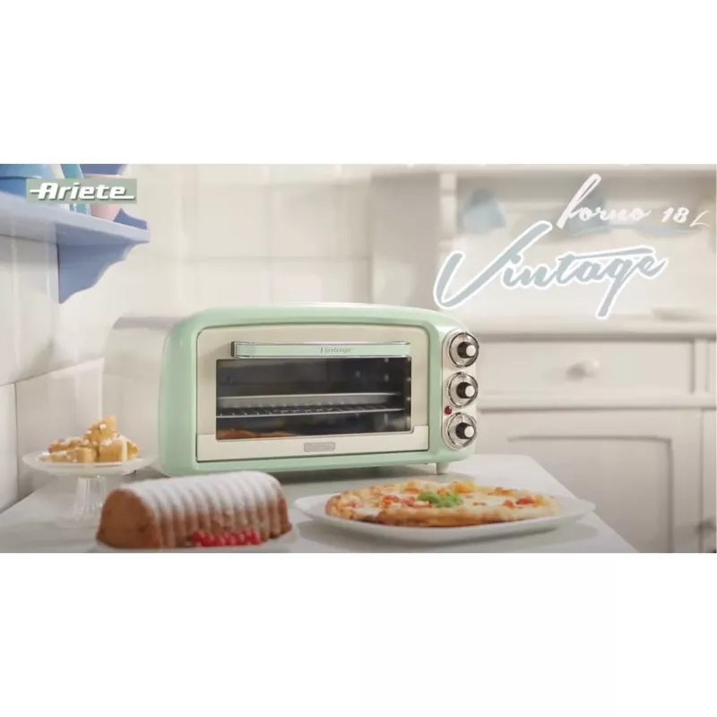 Ariete 979 Design 18 litru elektriskā cepeškrāsns, piemērota 30 cm picai, 1380 W, 3 gatavošanas pozīcijas, 60 minūšu taimeris, nerūsējošais tērauds, pasteļzaļa