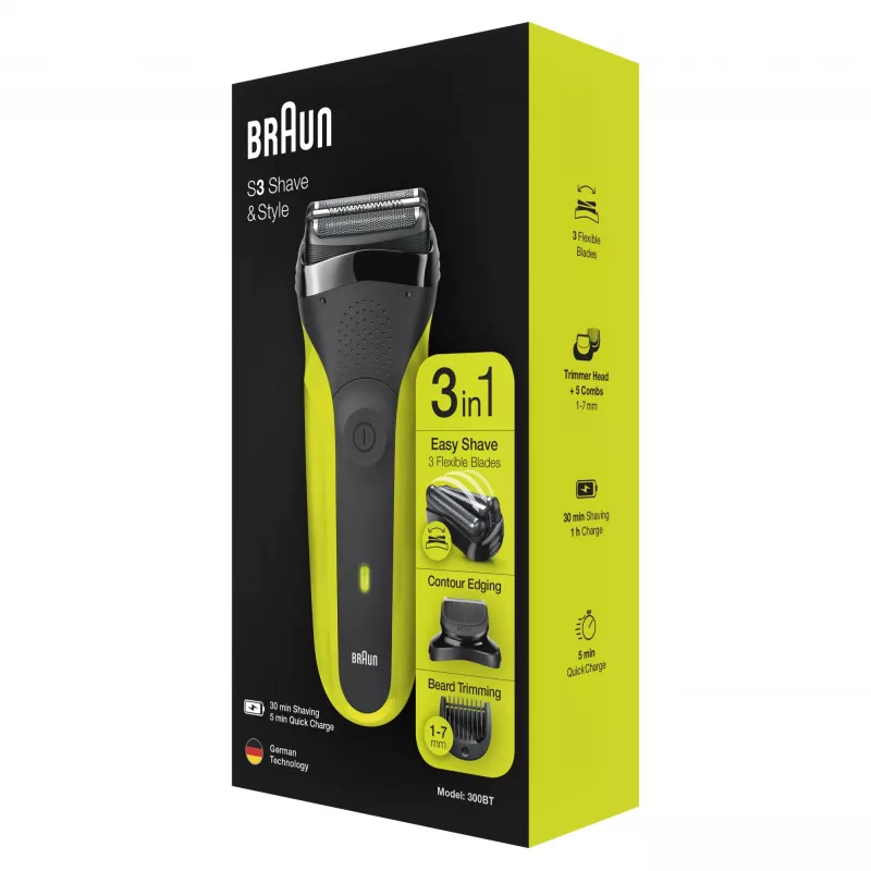 Braun Series 3 Shave&Style 300BT elektriskais skuveklis, skuveklis vīriešiem, melns/Volt zaļš