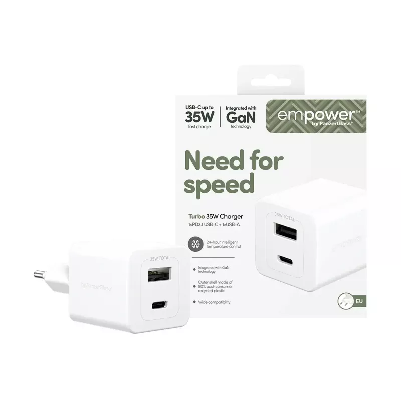 PanzerGlass empower™ by ® Turbo 35W Charger incl. USB-C + USB-A | EU Plug | Silver balta