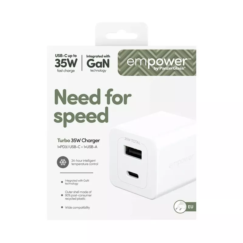 PanzerGlass empower™ by ® Turbo 35W Charger incl. USB-C + USB-A | EU Plug | Silver balta