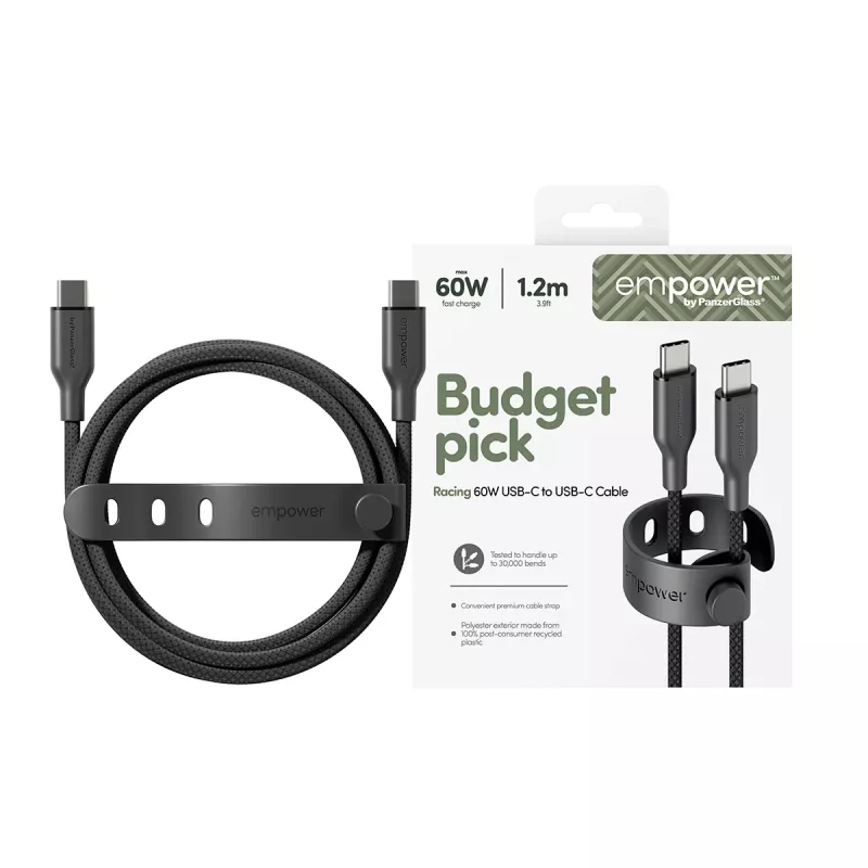 PanzerGlass empower™ by ® Racing 60W USB-C uz USB-C kabelis | USB 2.0 | 1,2M | Kosmosa melns
