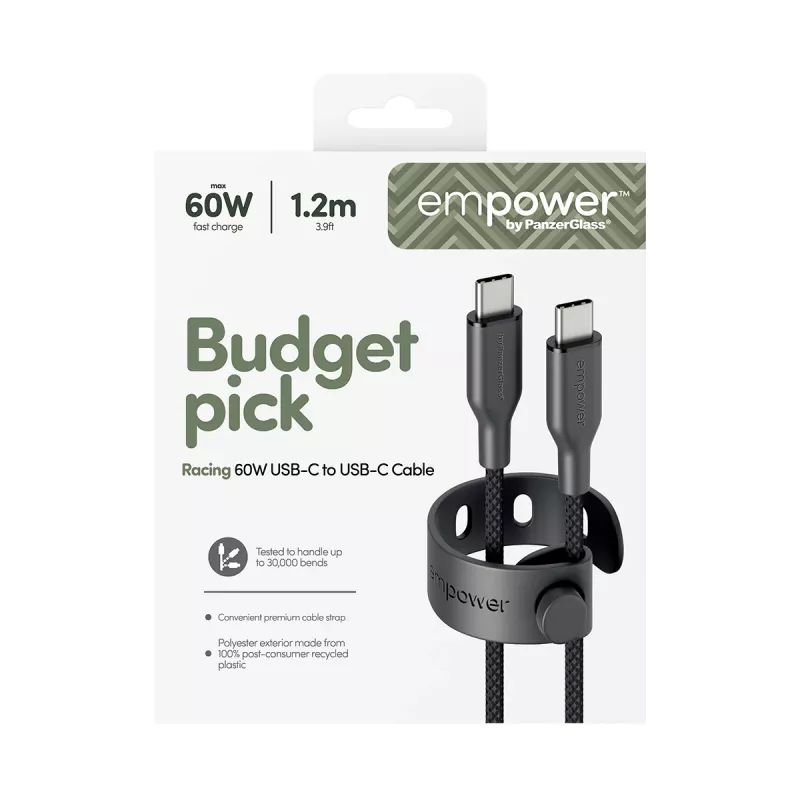 PanzerGlass empower™ by ® Racing 60W USB-C uz USB-C kabelis | USB 2.0 | 1,2M | Kosmosa melns