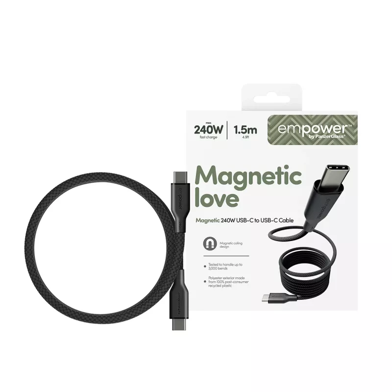 PanzerGlass empower™ by ® Magnetic 240W USB-C uz USB-C kabelis | USB 2.0 | 1,5M | Space Melns