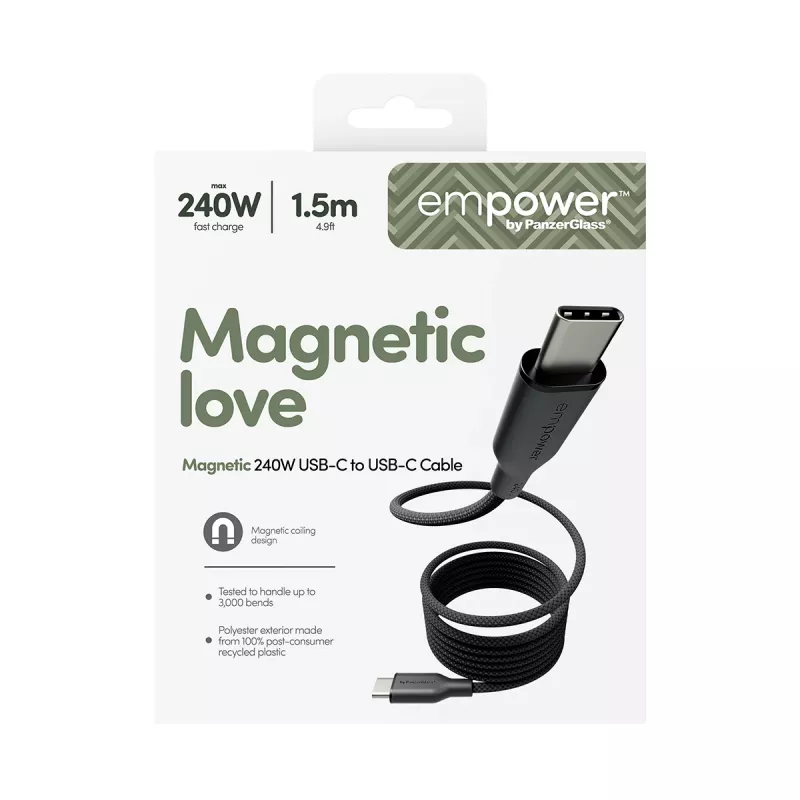 PanzerGlass empower™ by ® Magnetic 240W USB-C uz USB-C kabelis | USB 2.0 | 1,5M | Space Melns