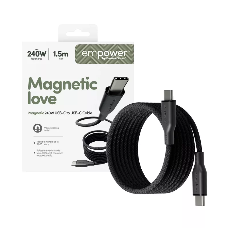 PanzerGlass empower™ by ® Magnetic 240W USB-C uz USB-C kabelis | USB 2.0 | 1,5M | Space Melns