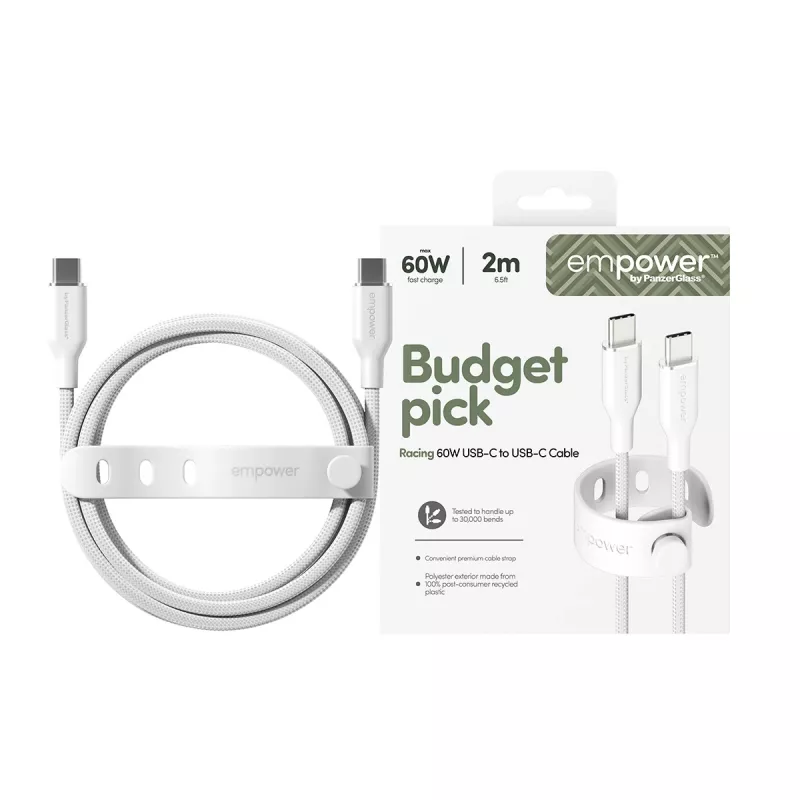 PanzerGlass empower™ by ® Racing 60W USB-C uz USB-C kabelis | USB 2.0 | 2 m | sudrabaini balts