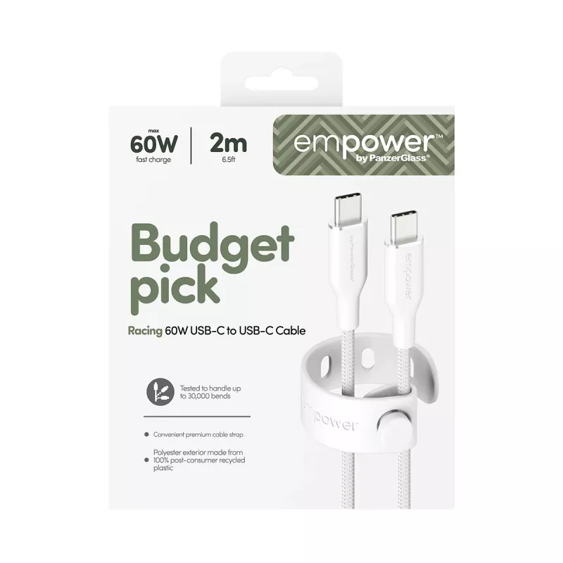 PanzerGlass empower™ by ® Racing 60W USB-C uz USB-C kabelis | USB 2.0 | 2 m | sudrabaini balts
