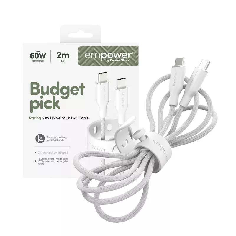 PanzerGlass empower™ by ® Racing 60W USB-C uz USB-C kabelis | USB 2.0 | 2 m | sudrabaini balts