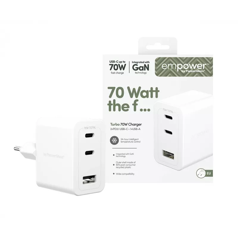 PanzerGlass empower™ by ® Turbo 70W Multiple Charger incl. 2 x USB-C + USB-A | EU Plug | Silver balta