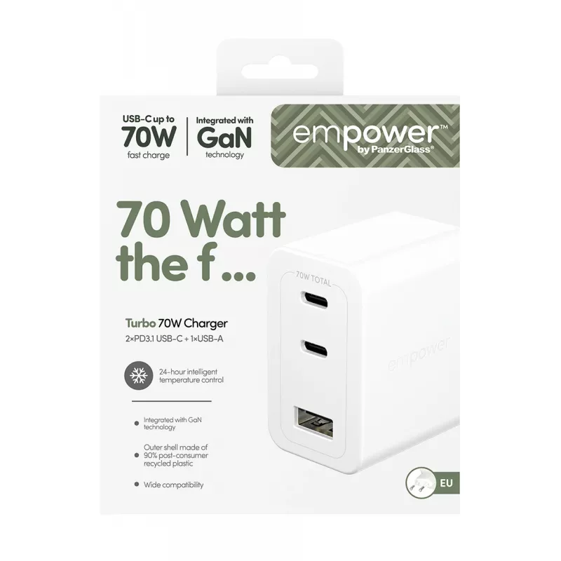 PanzerGlass empower™ by ® Turbo 70W Multiple Charger incl. 2 x USB-C + USB-A | EU Plug | Silver balta