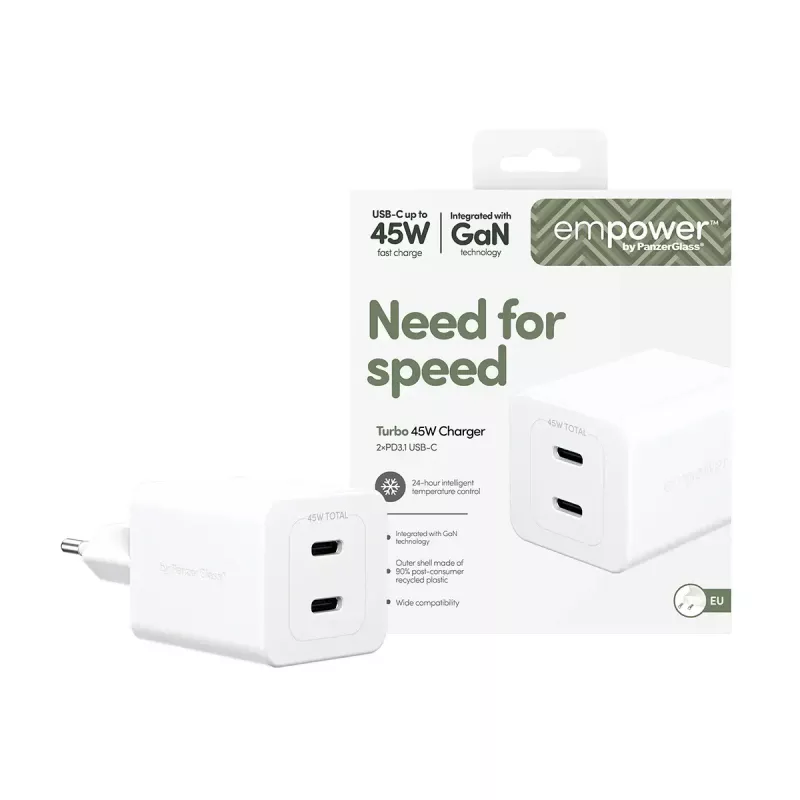 PanzerGlass empower™ by ® Turbo 45W Charger incl. 2 x USB-C | EU Plug | Silver balta