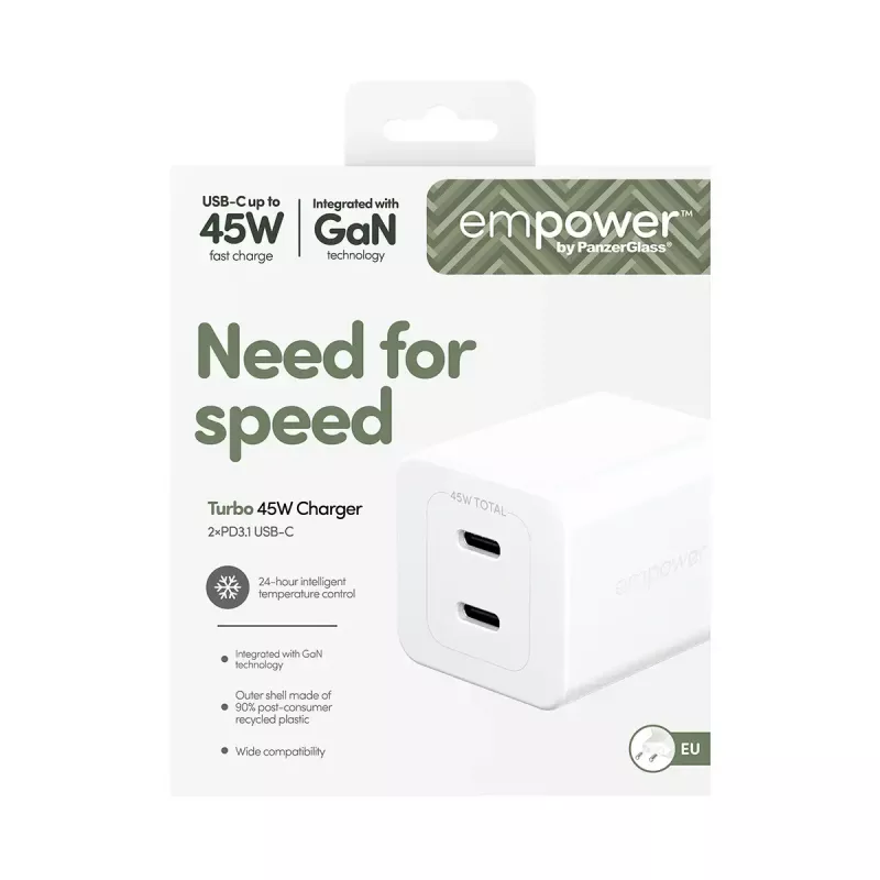 PanzerGlass empower™ by ® Turbo 45W Charger incl. 2 x USB-C | EU Plug | Silver balta