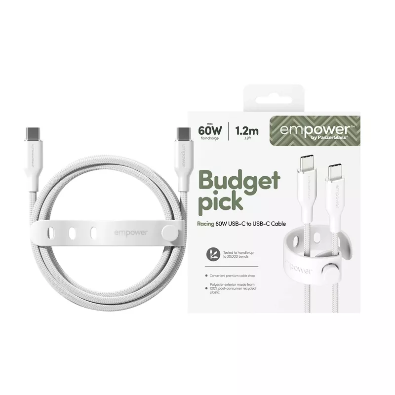 PanzerGlass empower™ by ® Racing 60W USB-C uz USB-C kabelis | USB 2.0 | 1,2 m | Sudrabaini balts