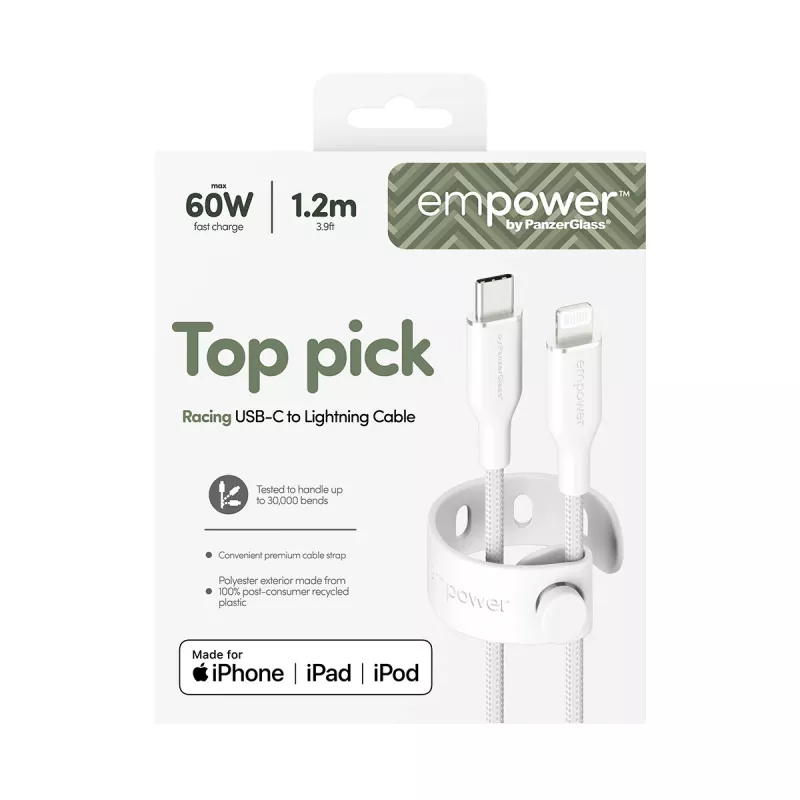PanzerGlass empower™ by ® Racing 60W USB-C to Lightning kabelis | USB 2.0 | 1,2 m | sudrabaini balts