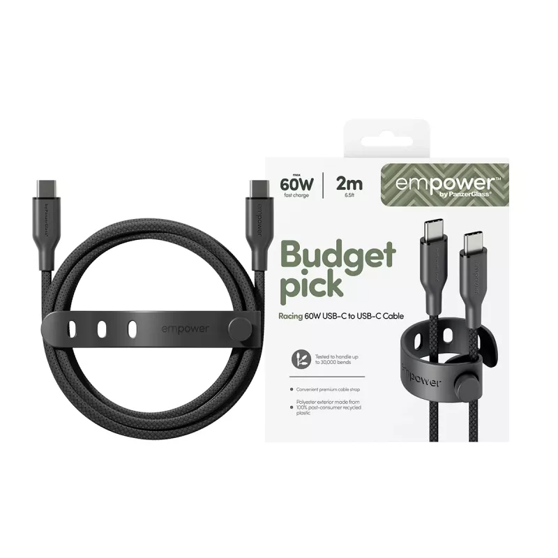 PanzerGlass empower™ by ® Racing 60W USB-C uz USB-C kabelis | USB 2.0 | 2M | Space Melns