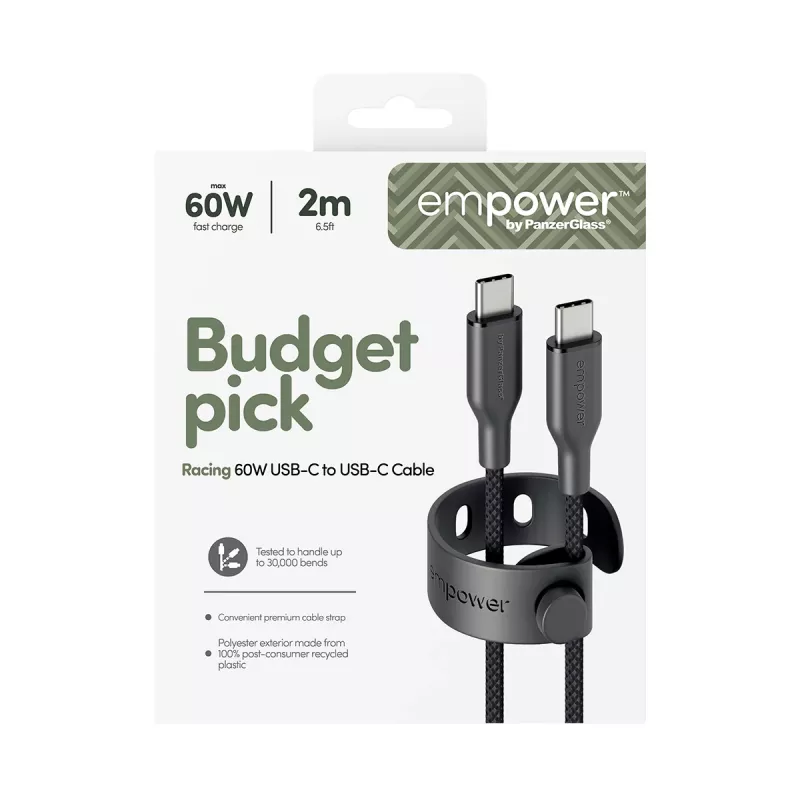 PanzerGlass empower™ by ® Racing 60W USB-C uz USB-C kabelis | USB 2.0 | 2M | Space Melns